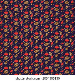 Autumn pattern with rowan berry and leaves
