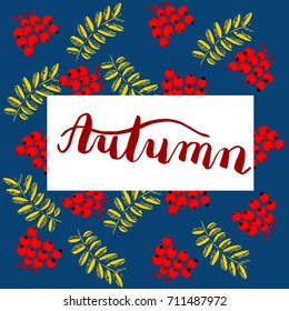 Autumn pattern with rowan leaves, berries, white frame for your text. Background with lettering