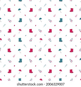 Patrón otoñal de botas de goma, paraguas, hojas y ramitas. Ilustración sin fisuras de vectores para cubiertas, tela, textiles, papel de envoltura, papel pintado, etc.