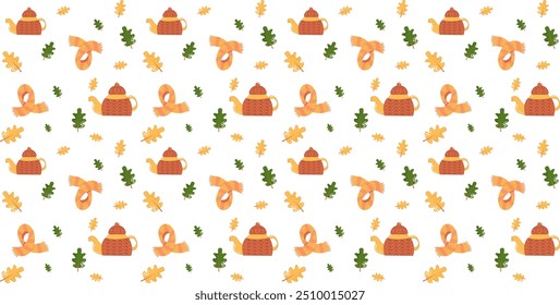 Autumn pattern with scarf, teapot and leaves