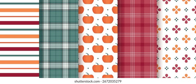 Patrón de otoño. Fondos sin fisuras con calabazas, rayas y cuadros. Establecer Fondos de pantalla geométricos estacionales. Papeles de embalaje otoñales de colección. Ilustración vectorial. Texturas de tela Abstractas.