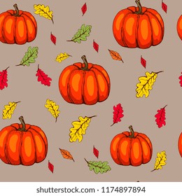 Autumn pattern seamless, bright colored rustic hand pattern, pumpkin and colored leaves 
