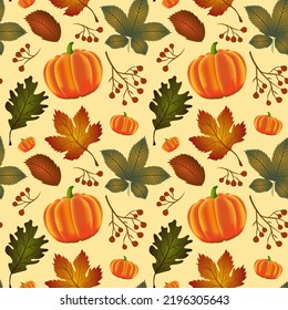 Autumn pattern seamless. Colorful bright foliage and pumpkins.