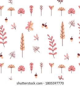 Autumn pattern. Seamless pattern. Decorative autumn leaves, branches, berries and acorns on a white background. For autumn decoration and design, packaging and printing. Vector 