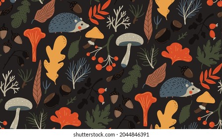 Autumn pattern, seamless fall background. Orange, brown and yellow leaves, mushrooms, berries and hedgehog. Forest nature illustrations