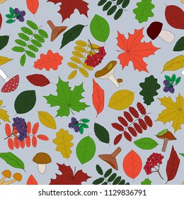 Autumn pattern. Seamless pattern with hand-drawn colorful leaves, berries and mushrooms