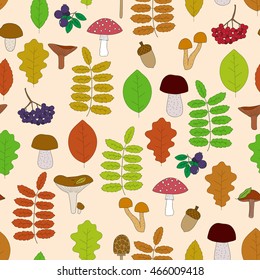 Autumn pattern. Seamless pattern with hand-drawn colorful leaves, berries and mushrooms