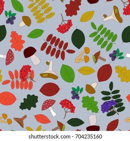 Autumn pattern. Seamless pattern with hand-drawn colorful leaves, berries and mushrooms