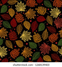 Autumn pattern seamless with leaves of maple, poplar - vector illustration.