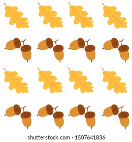 Autumn pattern. Seamless pattern of oak leaves and acorns.Flat vector illustration.