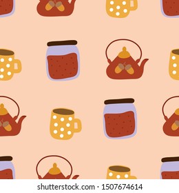 Autumn pattern. Seamless pattern of teapot, cups and jars of jam.Flat vector illustration.