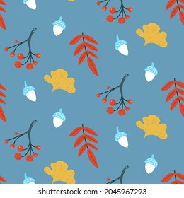 Autumn pattern, seamless texture. Fall leaves, acorns and berries