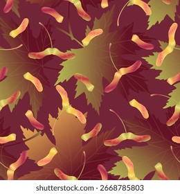 Patrón de otoño con semillas y hojas de arce. Ilustración vectorial.