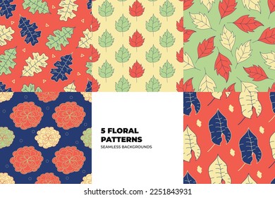 Autumn pattern set for fashion design. Seamless background with fall leaves and flowers for fabric. Floral modern vector texture. Seasonal wallpapers. Colorful illustration in flat design.