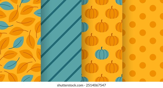 El conjunto de patrones de otoño presenta calabazas, hojas, rayas y lunares en tonos cálidos naranjas y azules. Día de Acción de Gracias. Perfecto para diseños de temporada, textiles, papel de regalo e ilustraciones completas.