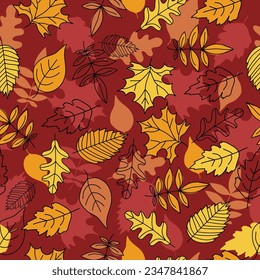 Autumn pattern, set of leaves, maple leaf, rowan leaf, oak leaf. Doodle, drawings, sketch. Autumn season. Contour vector illustration, seamless  texture. Background white isolated background.