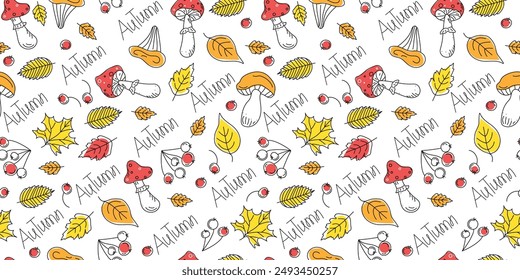 Patrón de otoño, conjunto de iconos lineales, dibujos de contorno. Hojas de otoño, hongos, bayas, agáricos voladores. Letras a mano. Fondo inconsútil, decoración de Fondo de pantalla.
