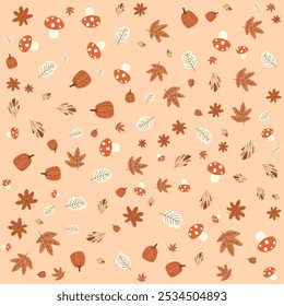 Conjunto de patrones de otoño con setas y hojas en tonos terrosos