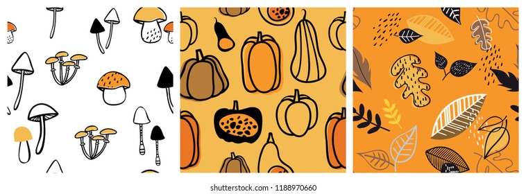 Autumn pattern set. Perfect for wallpaper, gift paper, pattern fills, web page background, autumn greeting cards. fall and Halloween vector illustration