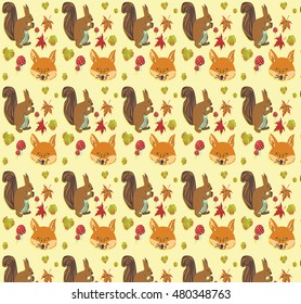 autumn pattern with skuirrel, fox, leaf,mushroom and hazlenut