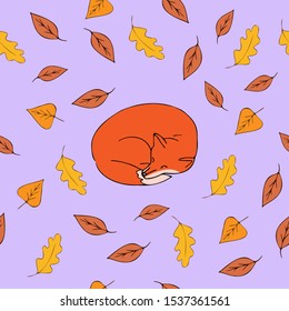 Autumn pattern sleeping fox with leaves seamless pattern with leaf