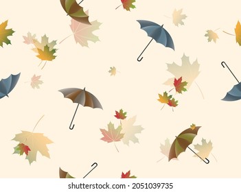Patrón otoñal a partir de hojas estilizadas amarillas de arce y paraguas sin fisuras. Dibujo vectorial para el diseño de textiles, tejidos, papel pintado, embalaje, desacoplamiento, sitios web. 