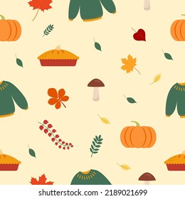 Autumn pattern. Sweater, pumpkin, autumn leaves Vector graphics