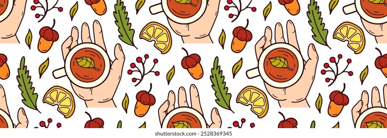 Autumn pattern tea in hands. Cozy tea ceremony background. Hot drink, Lemon, acorn, leaves, rowan. For wallpaper or fabric, packaging, brand, market, store. Vector doodle illustration.