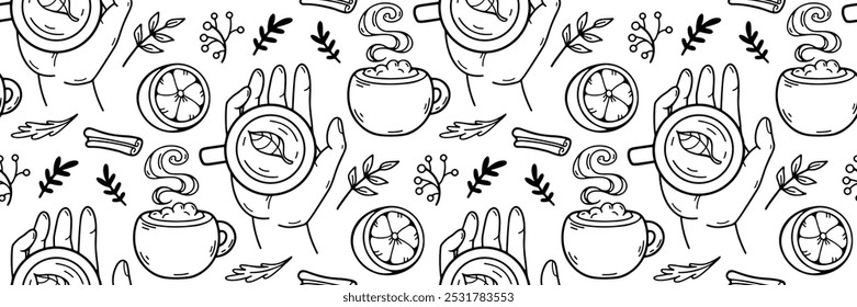 Autumn pattern tea in hands. Cozy tea ceremony outline background. Hot drink, Lemon, leaves, cinnamon. For wallpaper or fabric, packaging, brand, teahouse, coffee shop. Vector doodle illustration.