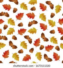 Autumn pattern for textile, fabric, surface, print design. Autumn background with oak leaves and acorns. Seamless pattern design with oak leaves and acorns
