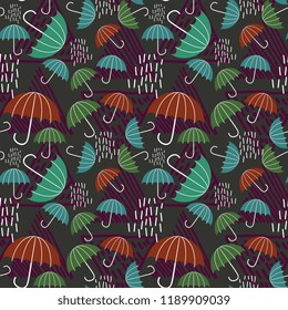 Autumn pattern theme with rain and umbrella hand drawn childish style drawing multicolor vector illustration.