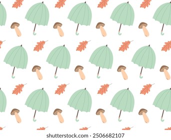 Autumn pattern with umbrella, leaves and mushrooms. Seamless pattern