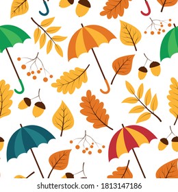 
Autumn pattern with umbrellas and leaves. Flat vector illustration isolated on a white background.