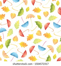 Autumn pattern with umbrellas and rain.