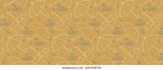 Autumn pattern with umbrellas and raindrops. Rain is knocking on puddles. Vector background for design