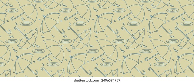 Autumn pattern with umbrellas and raindrops. Rain is knocking on puddles. Vector background for design