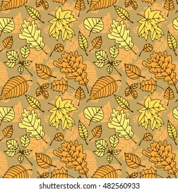 Autumn pattern with various colorful leaves.