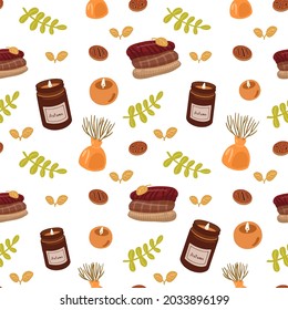 Autumn pattern with vases, sweaters, candles, cakes and leaves