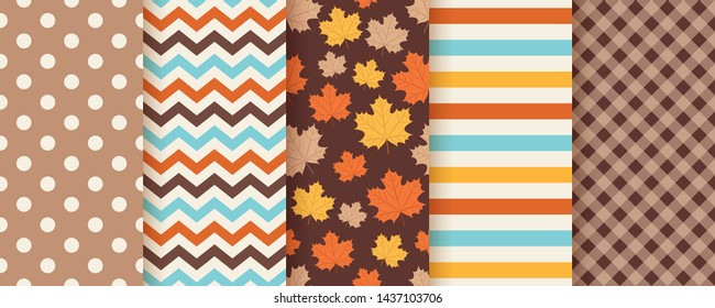 Autumn pattern. Vector. Seamless background with fall maple leaves, polka dot, zig zag and stripes. Set seasonal geometric textures. Abstract wallpaper. Colorful cartoon illustration in flat design. 