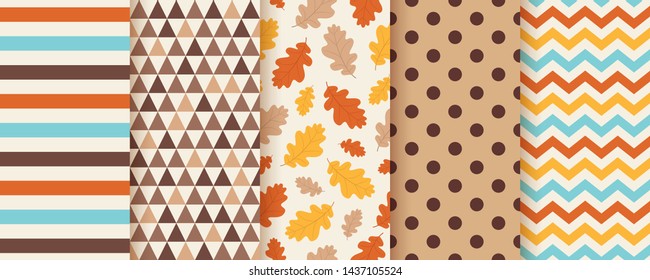Autumn pattern. Vector. Seamless background with fall oak leaves, polka dot, zig zag and stripes. Set seasonal geometric textures. Colorful cartoon illustration, flat design. Abstract wallpaper print.