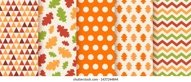 Autumn pattern. Vector. Seamless background with fall oak leaves, polka dot, zig zag and triangle. Set seasonal geometric textures. Colorful cartoon illustration. Flat design. Abstract wallpaper print