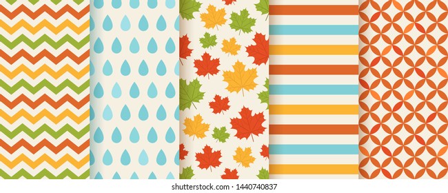 Autumn pattern. Vector. Seamless background with fall maple leaves, zig zag, rain drops and stripes. Set seasonal geometric textures. Colorful cartoon illustration. Flat design. Abstract wallpaper pri