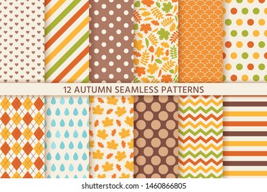 Autumn pattern. Vector. Seamless background with fall leaves. Floral and geometric texture. Seasonal wallpapers. Colorful cartoon illustration in flat design. Yellow, orange print.