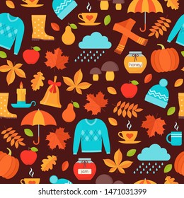 Autumn pattern. Vector. Seamless background with autumn elements fall leaves, umbrella, pumpkin, rain, sweater hat. Seasonal print on brown backdrop. Cute texture. Colorful illustration in flat design