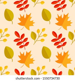 Autumn pattern. Vector seamless pattern. Seamless background with variation fall leaves. Colorful illustration in flat design