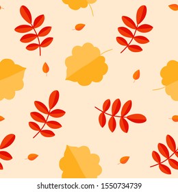 Autumn pattern. Vector. Seamless background with orange and red fall leaves. Colorful illustration in flat design