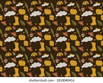 Autumn pattern. Vector seamless background with autumn elements: autumn leaves, umbrella, pumpkin, mushrooms, boots, rain, hat ... Seasonal print on a brown background. Nice texture. 