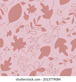 Autumn pattern. Vector. Seamless background with leaves, flowers and berries. Colorful illustration in flat design. Hand drawn autumn background. 
