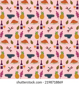 Autumn pattern. Vector. Seamless background with fall leaves, zig zag, polka dot and stripes. Set seasonal geometric wallpapers. Colorful cartoon illustration in flat design.