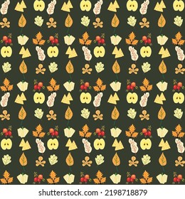 Autumn pattern. Vector. Seamless background with fall leaves, zig zag, polka dot and stripes. Set seasonal geometric wallpapers. Colorful cartoon illustration in flat design.